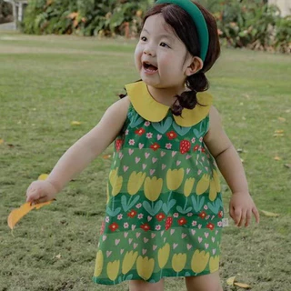 Hania Kids พร้อมส่ง ชุดเดรสกระโปรงสีเขียว ลายดอกไม้ สไตล์เกาหลี ชุดเดรสแฟชั่นเด็กผู้หญิง -K4124991
