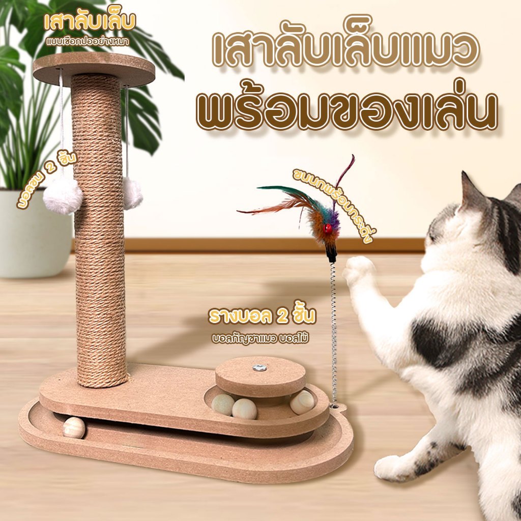 🐱พร้อมส่ง🐱 เสาลับเล็บแมว คอนโดแมว ที่ลับเล็บแมว พร้อมของเล่น รางของเล่นลูกบอล
