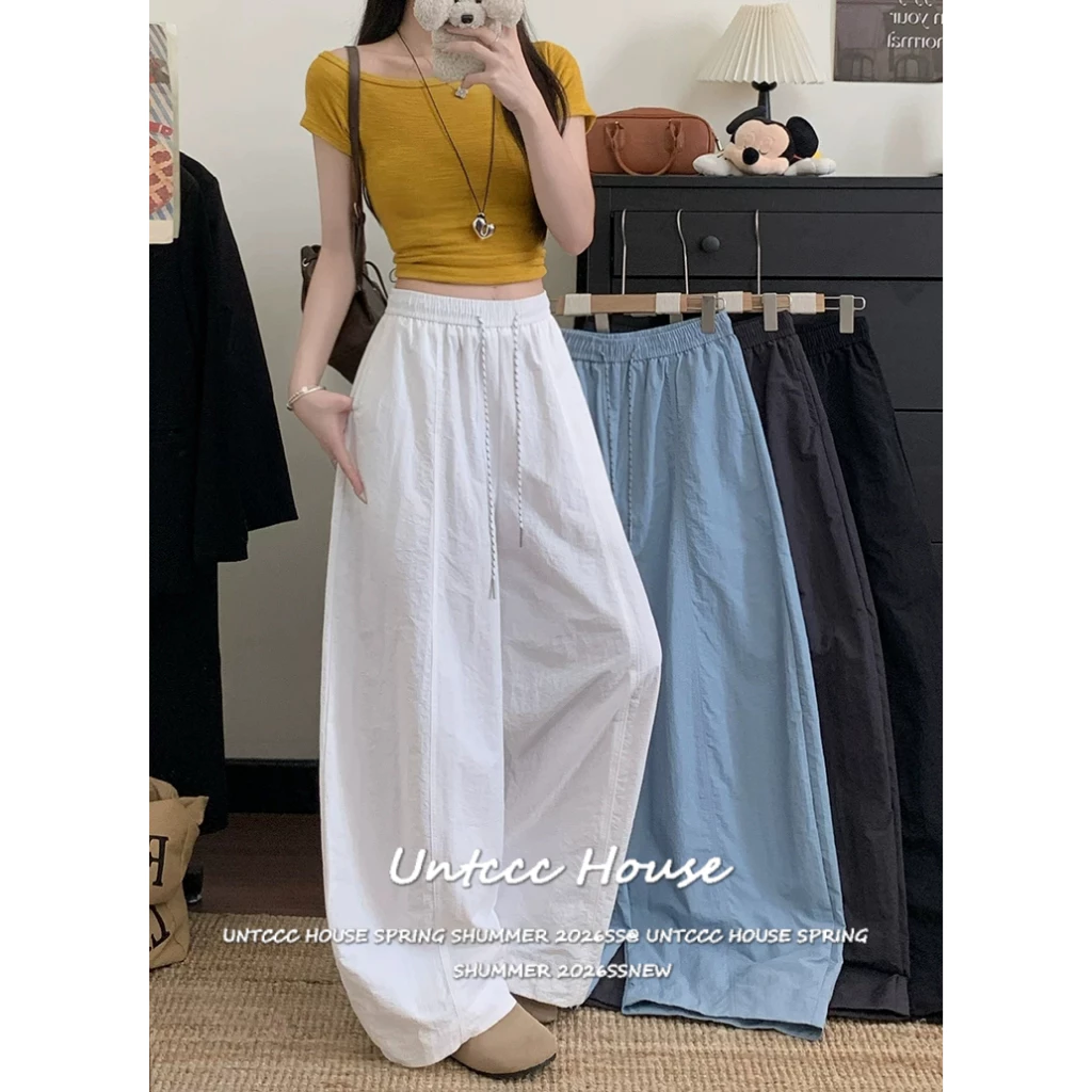 [Elastic Waist Drawstring Wide Leg Pants] กางเกงขายาวขากว้างเอวยืดมีเชือกดึงสำหรับผู้หญิงสไตล์ลำลองและใส่สบาย