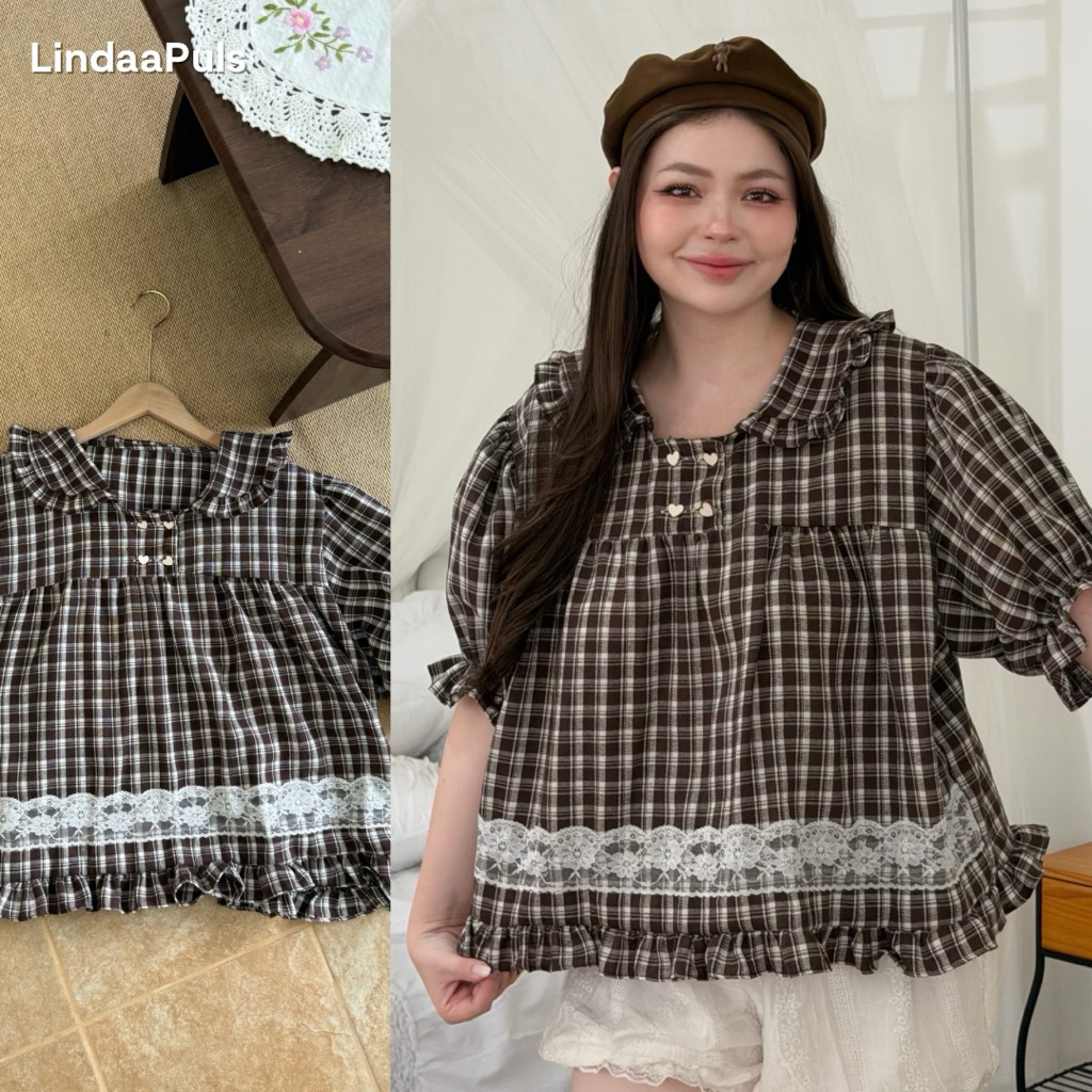 LindaaPlus-- เสื้อคอบัวลายสก็อตสาวอวบอ้วน 🤎 ทรงโอเวอร์ไซส์ แขนตุ๊กตา แต่งลูกไม้คาดเอว เนื้อผ้าสก๊อตนำเข้า