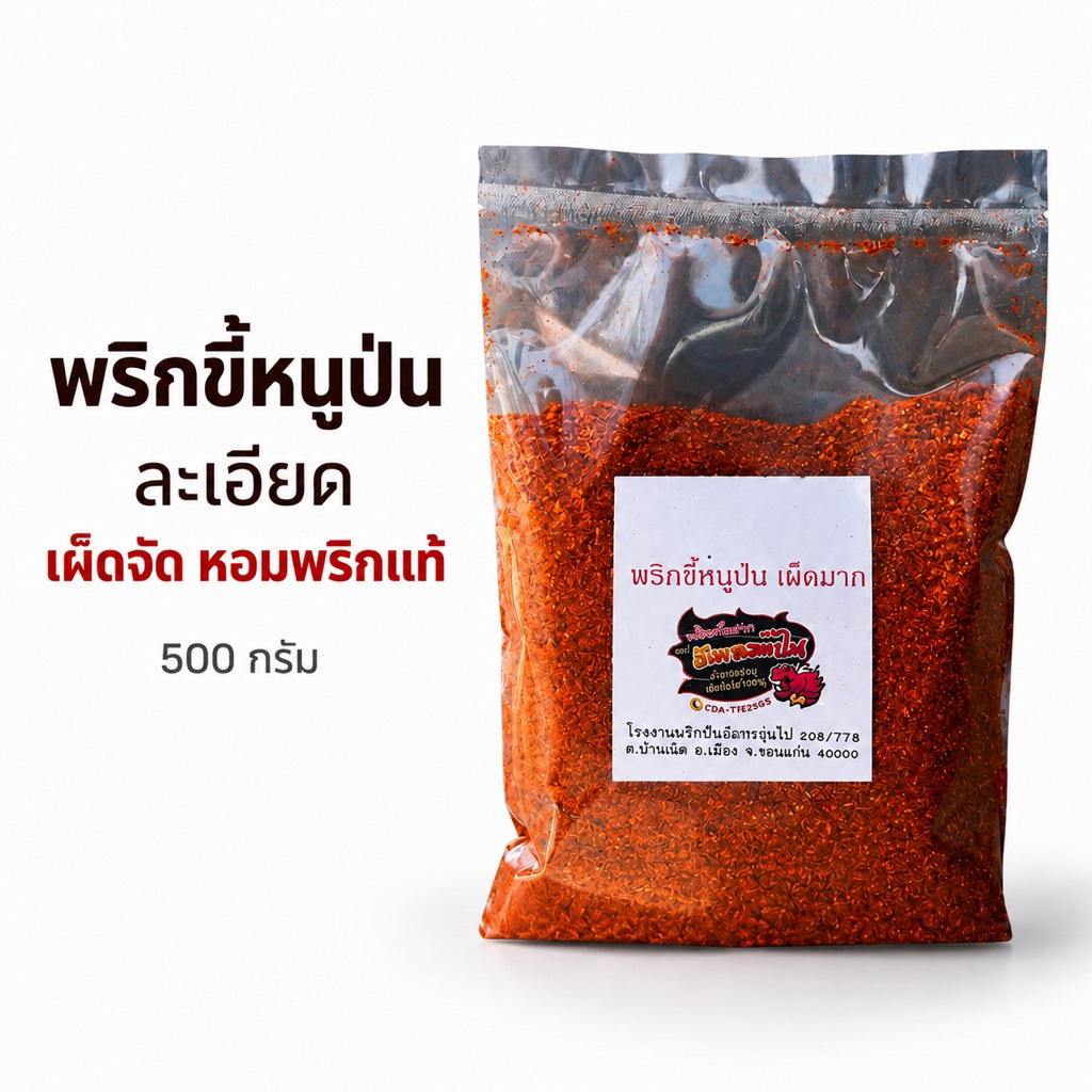 พริกป่นขี้หนู 500 กรัม เผ็ดจัดจ้าน บดละเอียด คั่วสดใหม่ หอมเข้ม ไม่เหมือนใคร(ลอแดง500)