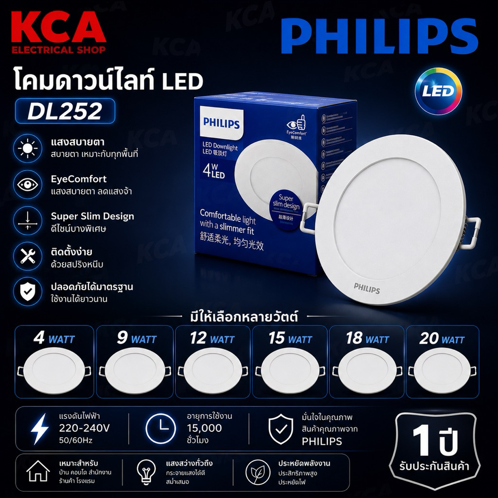PHILIPS ดาวน์ไลท์ DownLigh LED PHILIPS รุ่น DL252 4W 9W 12W 15W 18W 20W แบบกลม