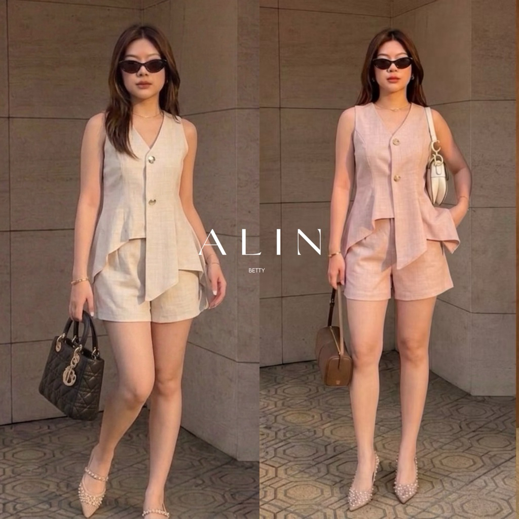 Alin Set💖⭐️(ส่งด่วน🚗)ชุดเซ็ตแขนกุดแต่งระบายชายเสื้อ พร้อมกางเกงขาสั้น มี 5 สี | betty