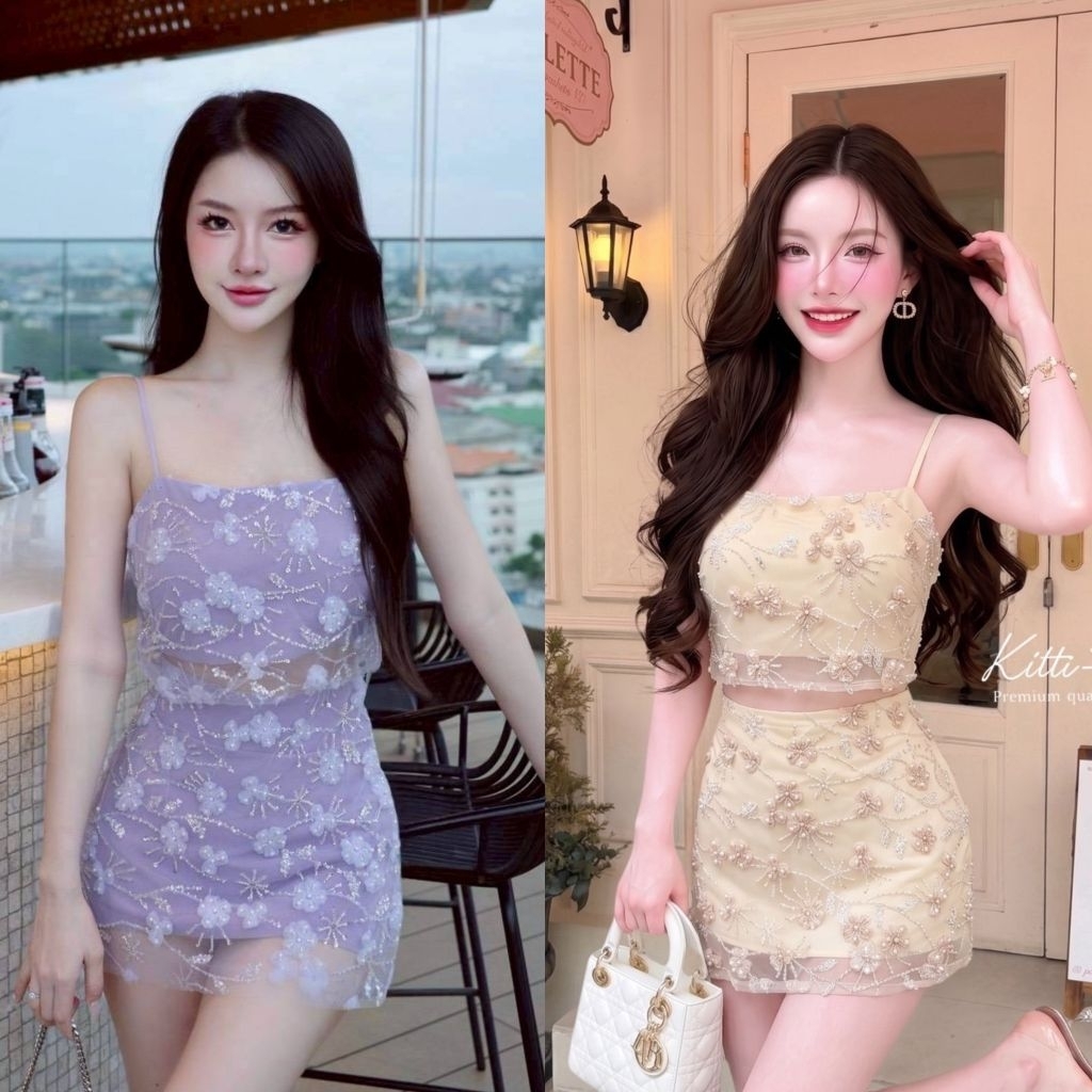 KITTI -T Set (2)ชิ้น เสื้อ+กระโปรงดีไซน์ชุดSet ทรงเข้ารูปสไตล์เฟมินีน ช่วงอกเป็นสายเดี่ยวเส้นเล็ก