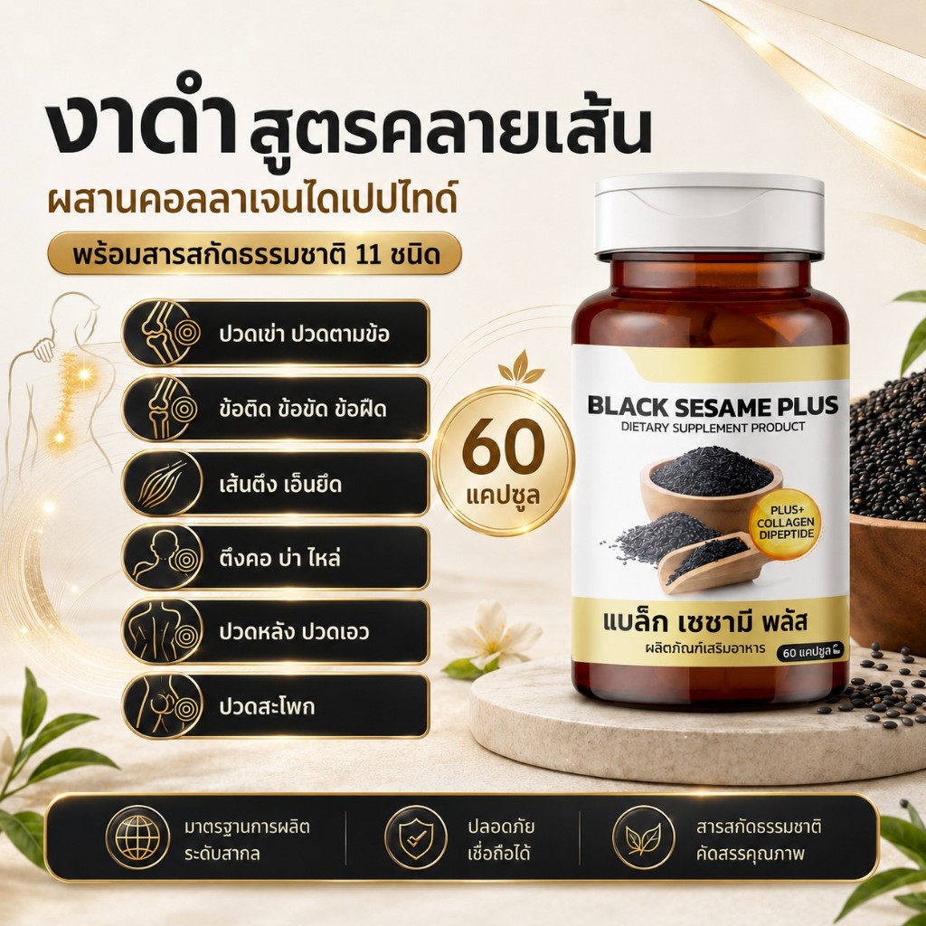 แบล็ก เซซามี พลัส งาดำสูตรคลายเส้นผสมคอลลาเจนไดเปปไทด์ ปวดเข่า ข้อเสื่อม ปวดหลัง บำรุง กระดูกทับเส้น ออฟฟิตซินโดรม