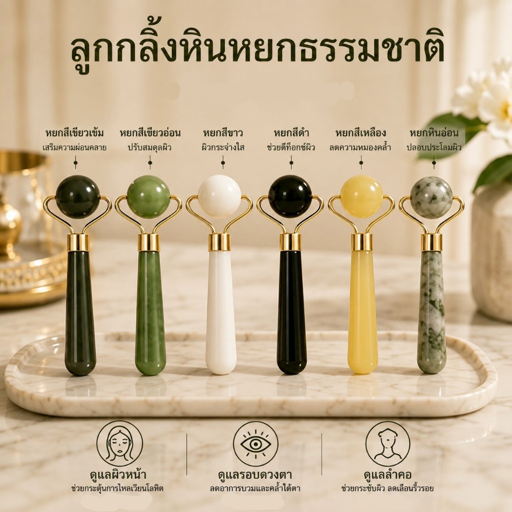 Mini-Roller🌻 ลูกกลิ้งนวดหน้า หินกัวซาหยกแท้ นวดแก้ม นวดใต้ตารอบดวงตาและลำคอ กระชับผิวให้เต่งตึง ลดบวมช่วยผ่อนคลาย🌻