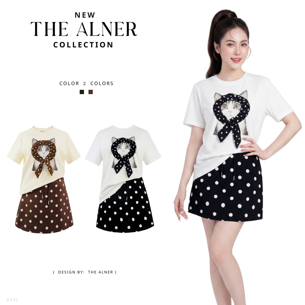Thealner (เซตเสื้อขาวลายแมว+กระโปรงดำลายจุด)