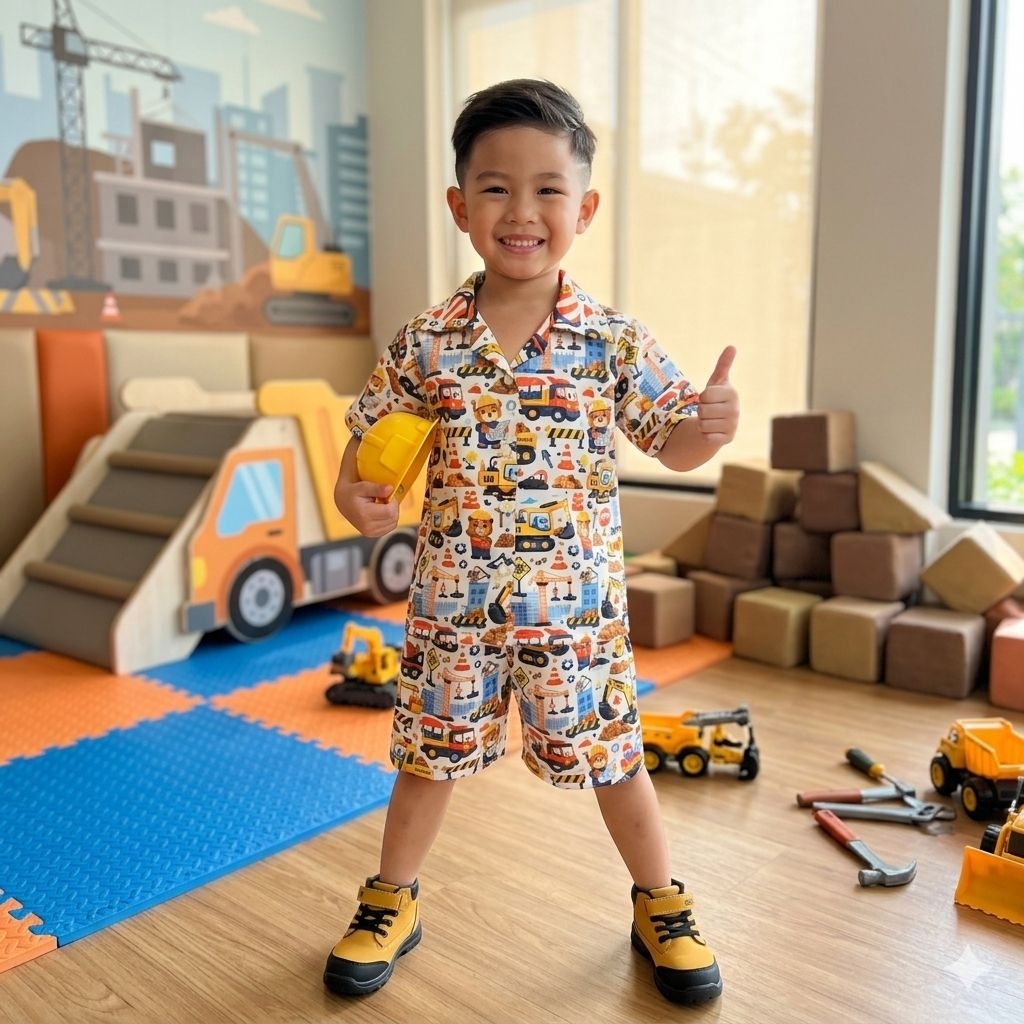 ชุดเช็ตเด็กลายน้องหมีก่อสร้าง ลายรถจก งานคนไทยตัดเย็บช่างไทยพร้อมส่ง