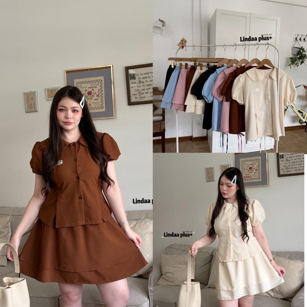 ชุดเซ็ตเสื้อ+กระโปรงสั้น เสื้อทรงคอบัว Bigsize อก 40-52”(LN)