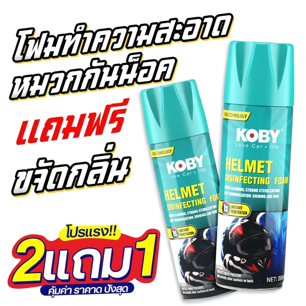 KOBY โฟมซักแห้งหมวกกันน็อค ไม่ต้องใช้น้ำ ไม่ต้องถอดซับใน ฆ่าเชื้อดับกลิ่น โปร! ซื้อ 2 แถม 1 (250ml)