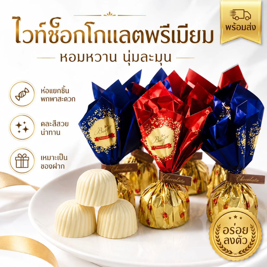 ไวท์ช็อกโกแลตรูปทรงทรัฟเฟิล ขนาด380กรัม มีประมาณ30เม็ด หอม หวานกำลังดี แพ็คเกจสวย