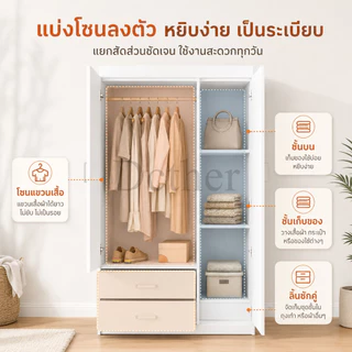 DC ตู้เสื้อผ้า ตู้เก็บเสื้อผ้า ความจุขนาดใหญ่ ดีไซน์หลายช่อง แยกแขวนเสื้อ พับเก็บ และลิ้นชัก จัดเก็บได้ครบทุกความต้องการ