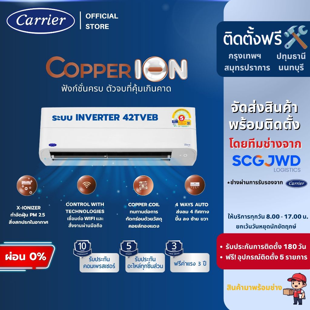 [ติดตั้งฟรี] Carrier แอร์ระบบอินเวอร์เตอร์ รุ่น Copper ION ขนาด 9,200 - 24,000 BTU ปี 2026