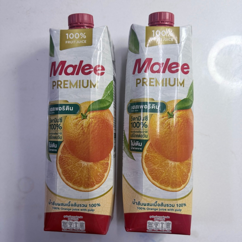 Malee Premium น้ำส้มผสมเนื้อส้ม 100% ขนาด 1 ลิตร แพ็คคู่(2กล่อง)(สั่งครั้งละไม่เกิน3ชุด)