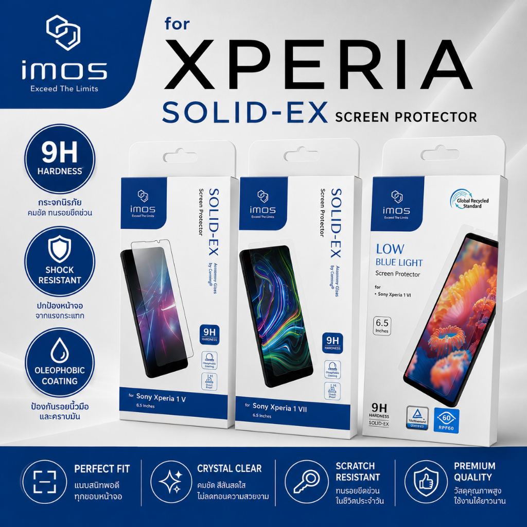 IMOS ฟิล์มกระจก SOLID-EX / SOLID-EX2 Glass Screen Protector สำหรับ SONY Xperia 1 VIII / 1 VII / 1 VI / 1 V / 1 IV