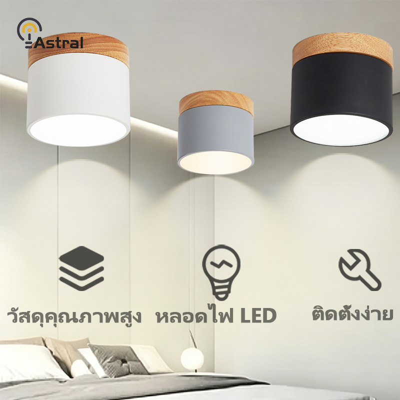 โคมไฟเพดาน LED สไตล์นอร์ดิก มินิมอล ปรับความสว่างได้ ฐานไม้ทรงมาการอง 3 สี เหมาะสำหรับทางเดิน ทางเข้า ห้องน้ำ