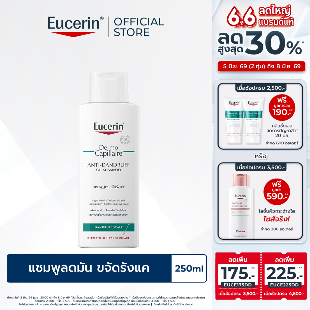 Eucerin DermoCapillaire ANTI-DANDRUFF GEL SHAMPOO 250 ML ยูเซอริน แชมพูขจัดรังแค บำรุงเส้นผม ลดผมขาดร่วง