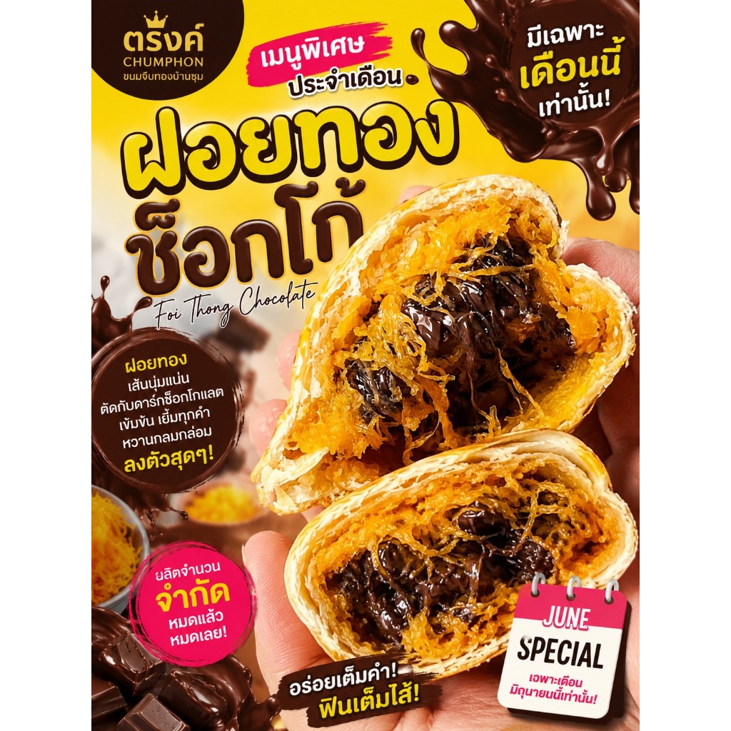 ส่งฟรี NEW Special !! ไส้สำหรับเดือนนี้เท่านั้น "ไส้ฝอยทองช็อคโก้" ขนมจีบสังขยาโบราณ สูตรโรงขนมตรังค์ ขนมจีบทองบ้านชุม