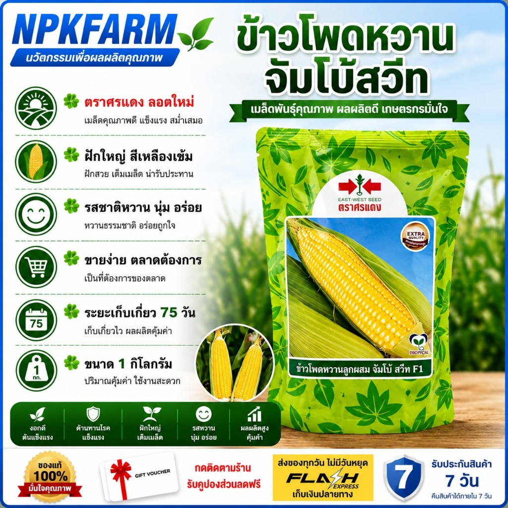 ศรแดง ข้าวโพดหวาน จัมโบ้สวีท ( ขนาด1 กิโลกรัม )  หมดอายุุ23/10/2569  ฝักใหญ่ น้ำหนักดีเหนียวนุ่ม