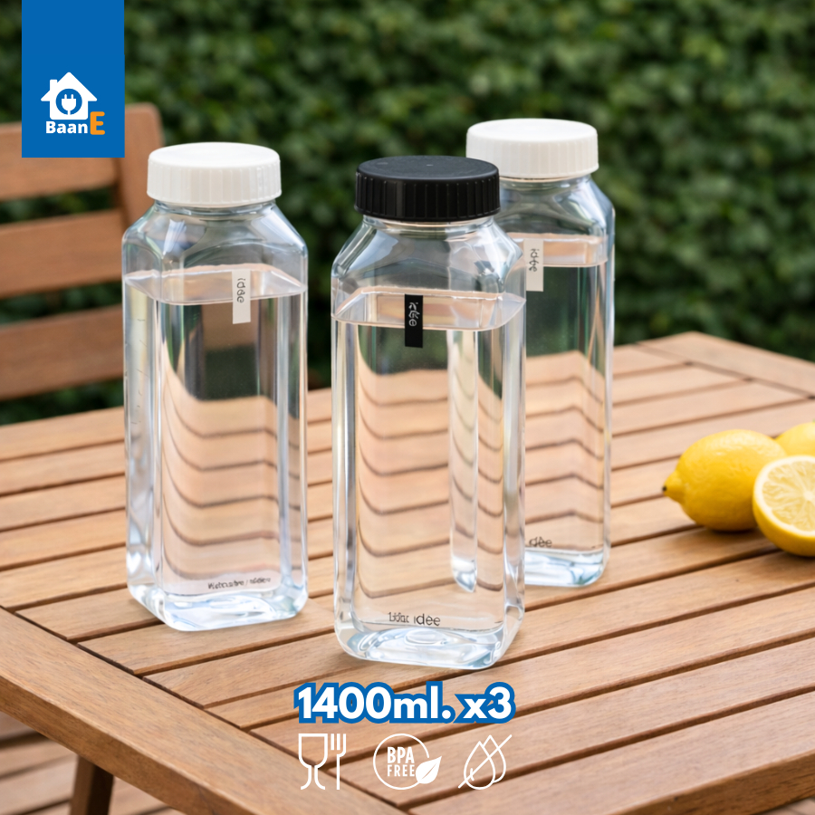 BaanE ขวดน้ำพลาสติก ความจุ 1400 มล. แพ็คละ 3 ชิ้น ฟู้ดเกรด BPA Free Drinking Bottle