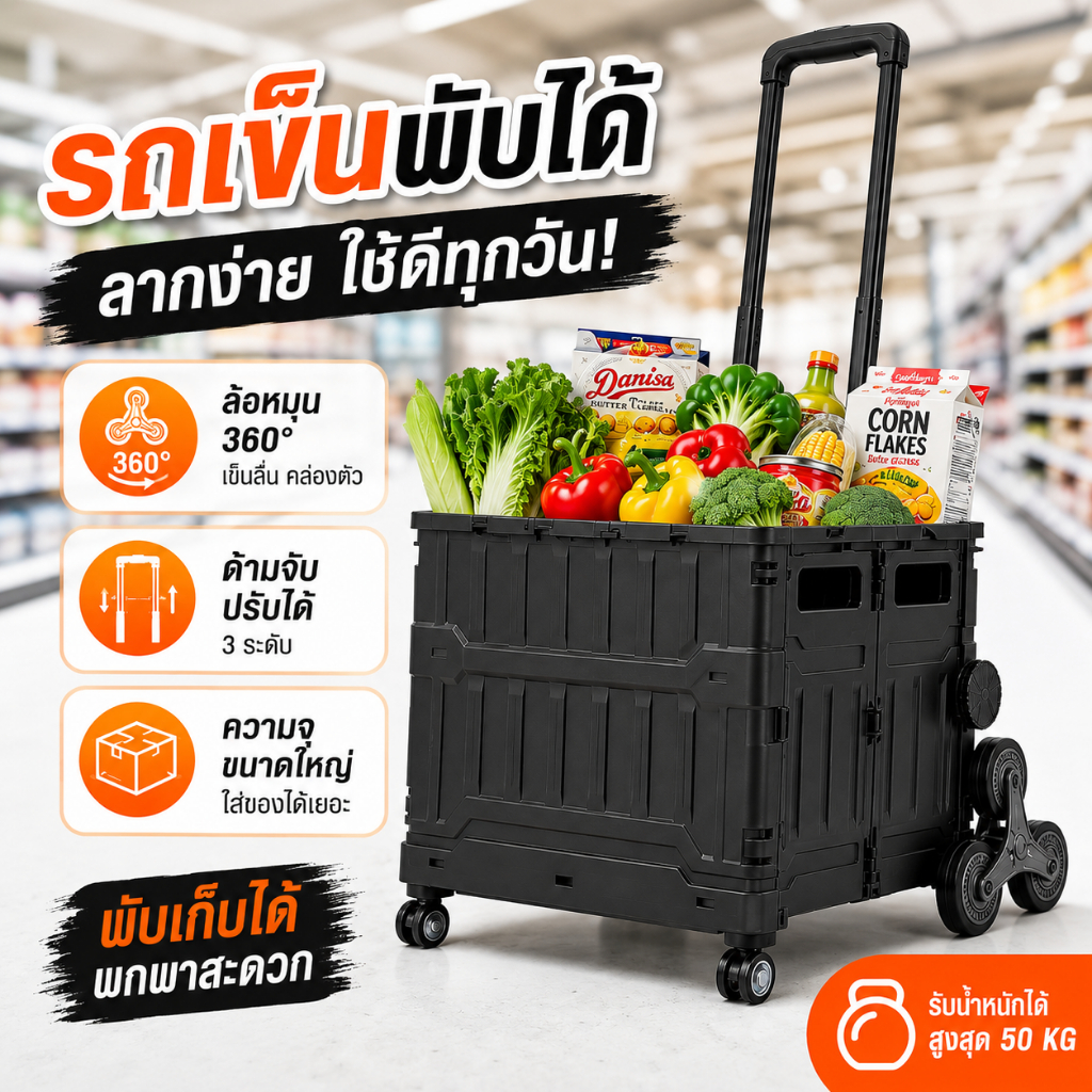 🔥รถเข็นพับได้ รถเข็นช้อปปิ้งอเนกประสงค์ ขนาดใหญ่ จุของได้เยอะ ล้อลื่นหมุน 360° ด้ามจับปรับระดับได้ เข็นง่าย ลากสบาย
