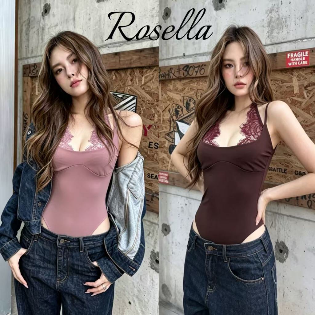 Rosella【สินค้าใหม่👗】ชุดจั๊มสูทสไตล์ใหม่สำหรับฤดูใบไม้ผลิ ชายกระโปรงติดกระดุมแป๊ก ตกแต่งด้วยลูกไม้ สายเดี่ยวบาง คอคล้องคอ