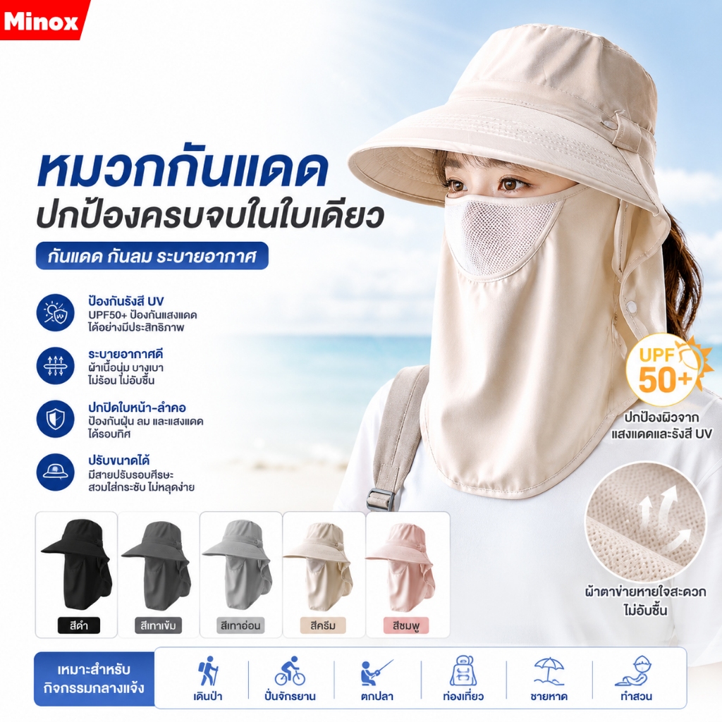 หมวกกันแดดป้องกันรังสียูวี UPF50+ พร้อมที่บังคอและใบหน้าในตัว และที่บังหน้าแบบถอดได้ ป้องกัน 360 องศา