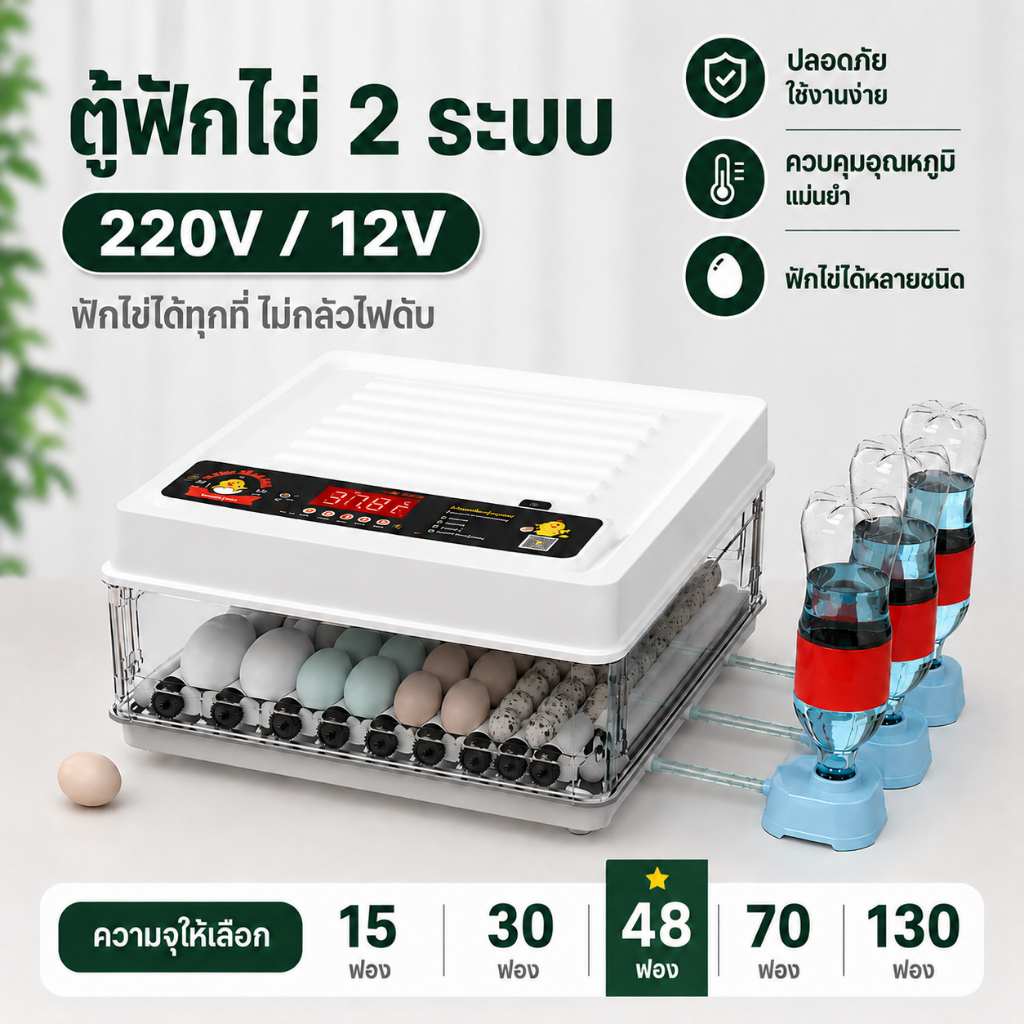 ตู้ฟักไข่อัตโนมัติ ฟักไข่ไก่ เป็ด ห่าน นก ความจุ 15–130 ฟอง คุมอุณหภูมิแม่นยำ พลิกไข่อัตโนมัติ เหมาะใช้ในบ้านและฟาร์ม