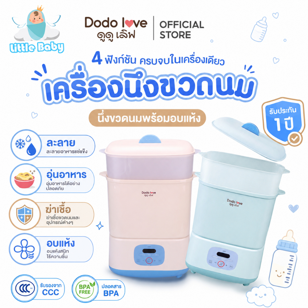 LitteBaby DoDolove เครื่องนึ่งขวดนม อบแห้งในตัว ฆ่าเชื้อไวรัส 99.9% อุ่นนม ละลายน้ำแข็ง อุ่นอาหาร ฟังก์ชันครบ ประกัน1ปี