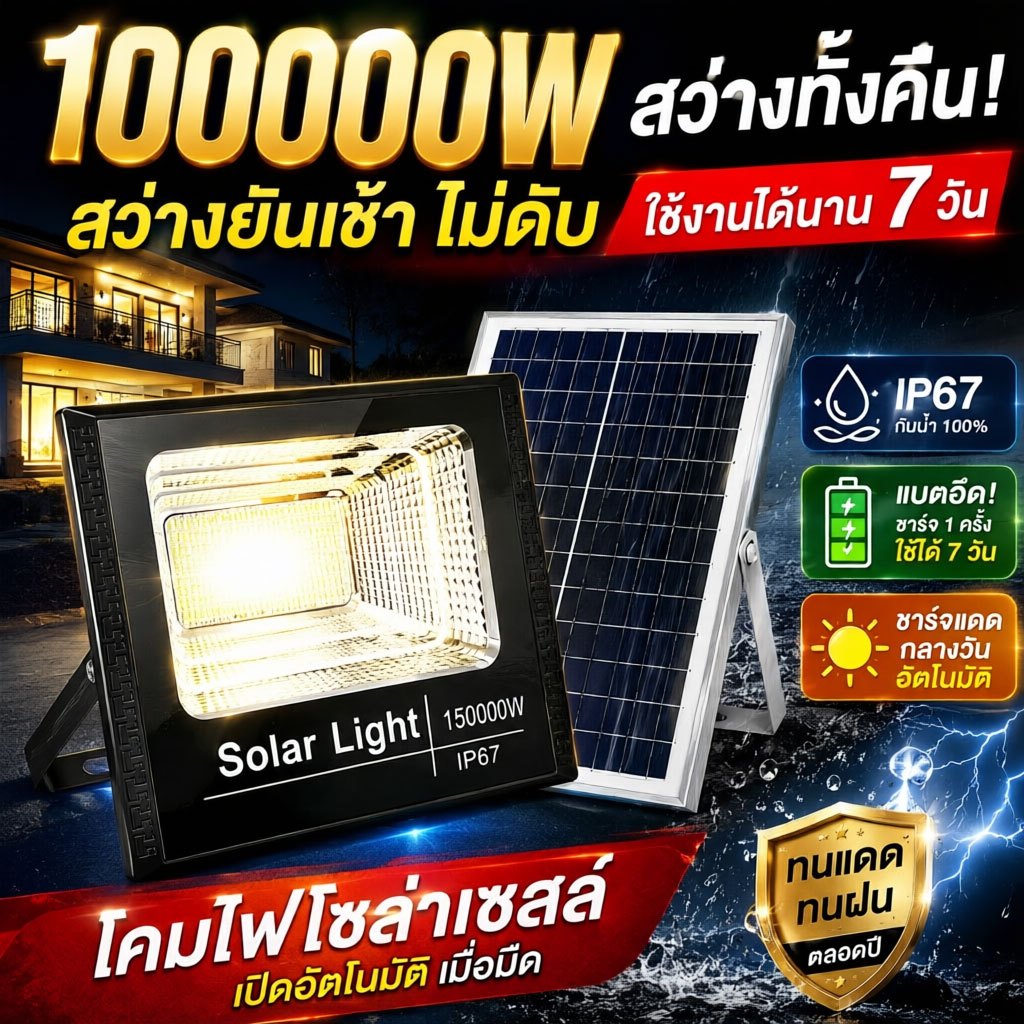 🔥ซื้อ1แถม1🔥 ไฟโซล่าเซลล์ สว่างตลอดคืน โซล่าเซลล์ 350,000W IP68 solar light กันน้ำ กันฟ้าผ่า พร้อมรีโมท สปอร์ตไลท์ LED