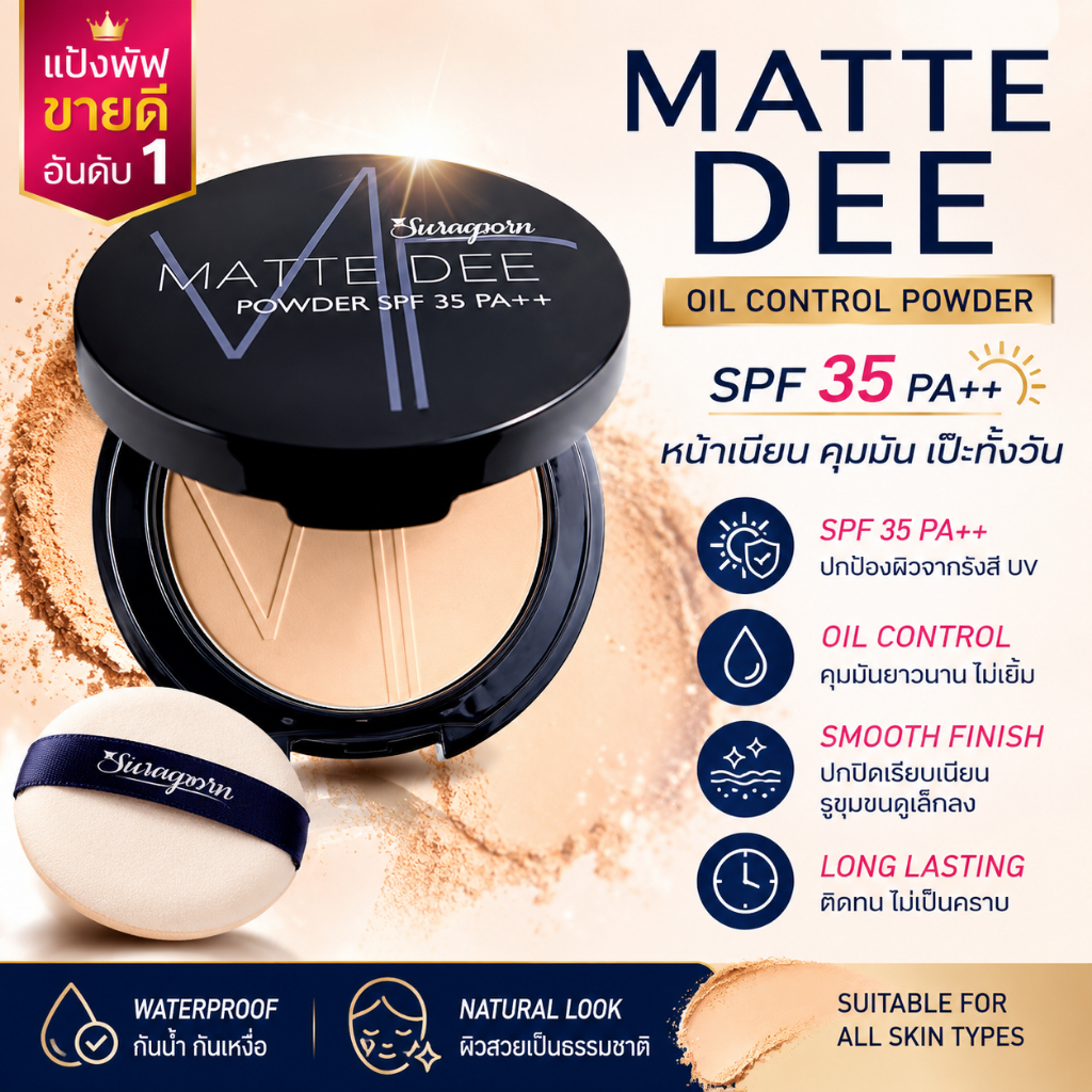 แป้งพัฟคุมมัน Matte Dee Powder SPF35 PA++ แป้งผสมรองพื้น ปกปิด ติดทน หน้าเนียน