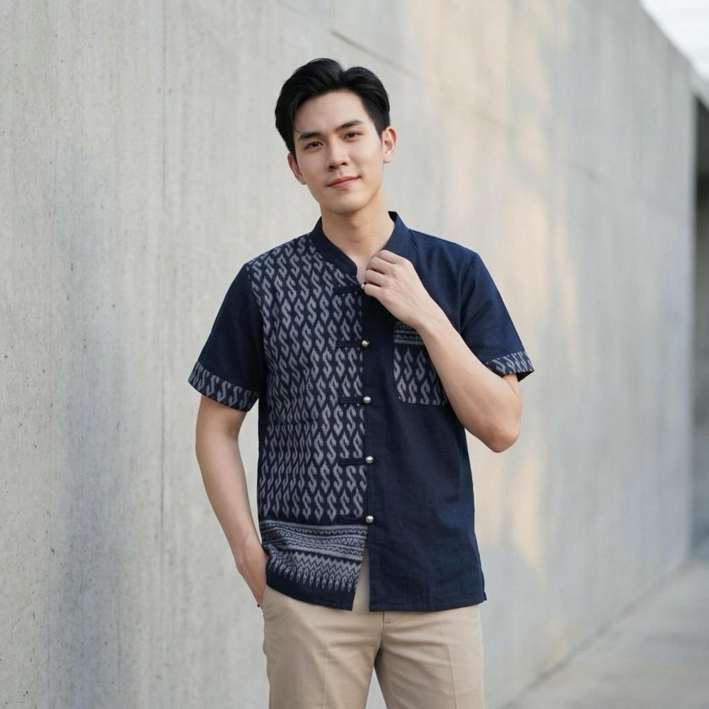 เสื้อลายขอทูโทน ผู้ชาย แต่งกระดุมเงิน ผ้าฝ้ายชินมัย