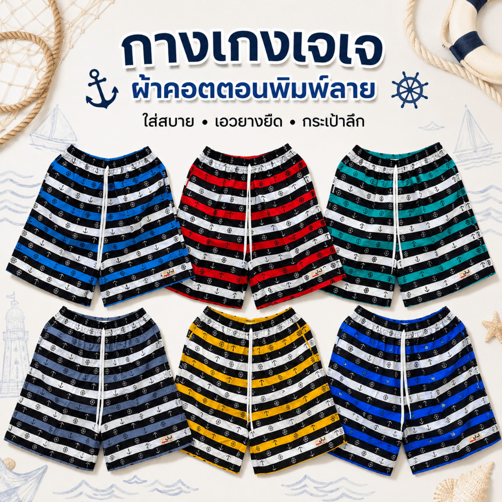 กางเกงเจเจแท้ กางเกงขาสั้นไซส์ M/L/XL ลาย"ริ้วสมอเล็ก รุ่น3" ผ้านิ่มหนาใส่สบาย ได้ชายหญิง มีกระเป๋า