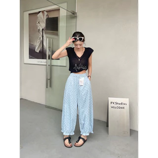 Gang_jeans#9527(K)🚩กางเกงขายาวลายจุด Polka Dot ผู้หญิง ทรงกระบอกหลวม เอวสม็อค แฟชั่นเกาหลี