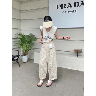 Gang_jeans#9527(K)🚩กางเกงขายาวลายจุด Polka Dot ผู้หญิง ทรงกระบอกหลวม เอวสม็อค แฟชั่นเกาหลี