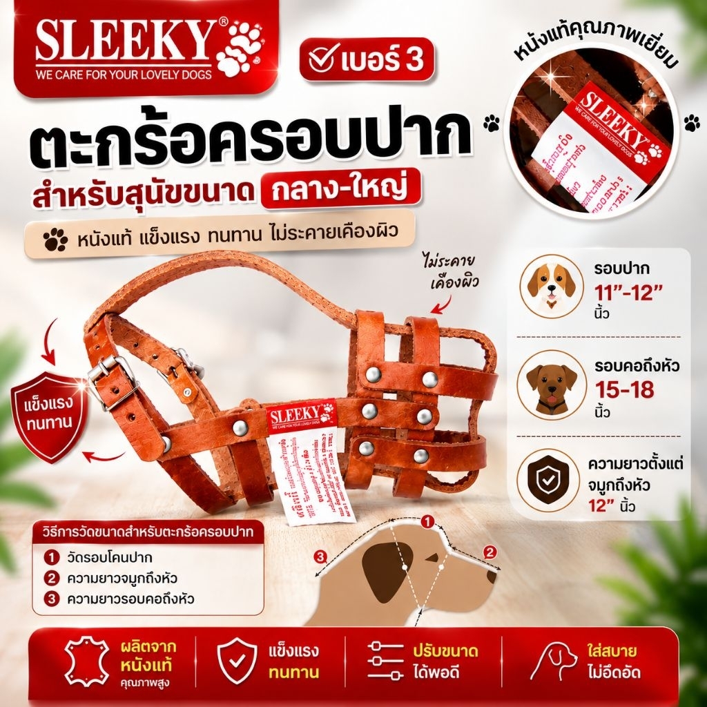 ตะกร้อครอบปากสุนัขหนังแท้🔴Sleeky เบอร์ 3 สีน้ำตาลทนทานพร้อมสายรัดปรับระดับได้