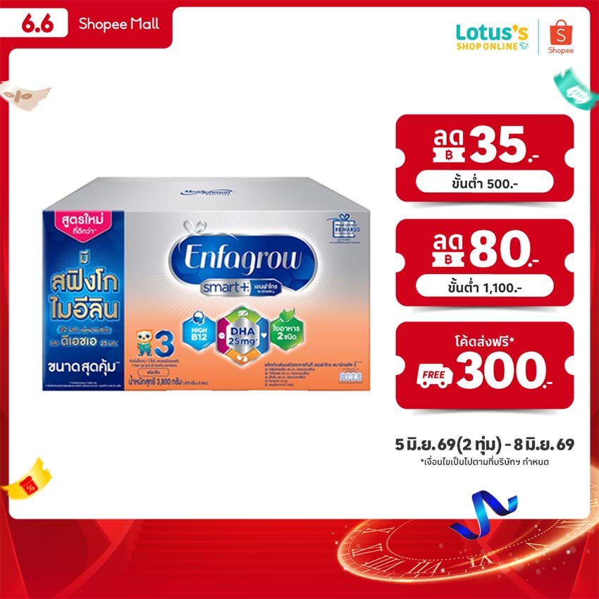 เอนฟาโกร สมาร์ทพลัส นมผง สูตร 3 ขนาด 3800 กรัม. ENFAGROW SMART+3 PLAIN 3800G.