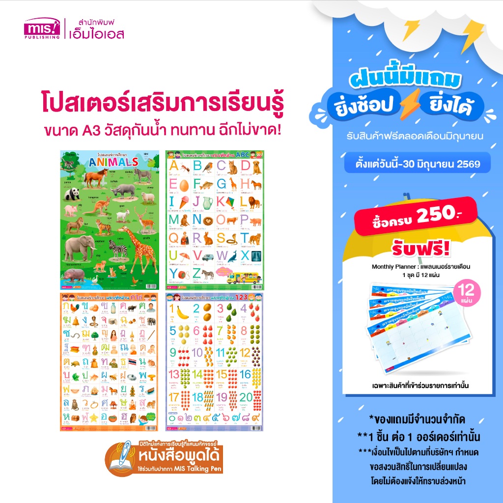 MISBOOK โปสเตอร์เสริมการเรียนรู้สำหรับเด็ก A3 แบบฝึกอ่าน ก-ฮ | ABC | 123 | Animals