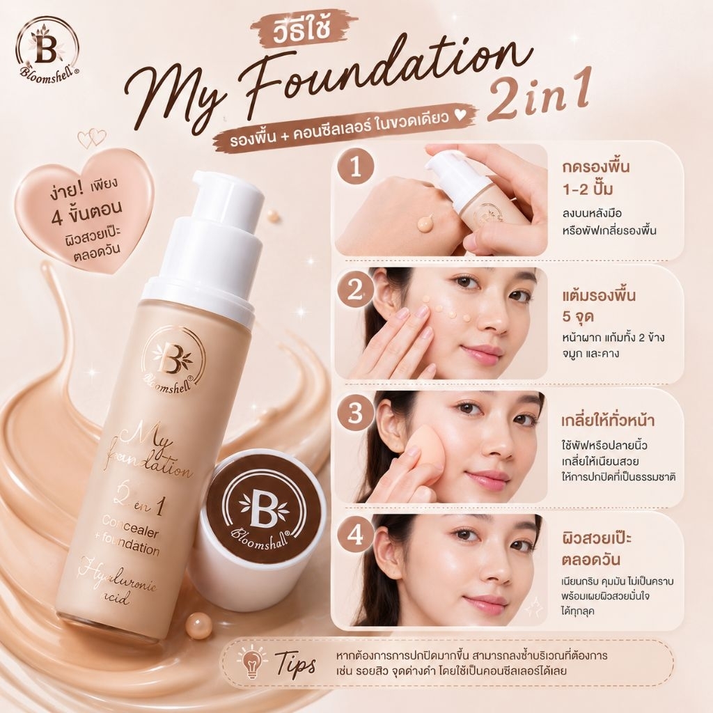 รองพื้น + คอนซีลเลอร์ 2in1 ตัวเดียว Bloomshall ขวดปั้ม