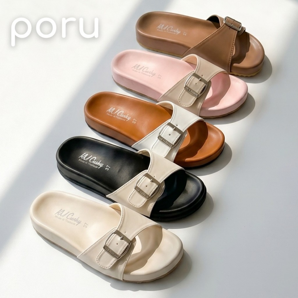 [ส่งฟรี]PORU รองเท้าแตะผู้หญิงแฟชั่นสไตล์เกาหลี พื้นนุ่มพิเศษ ปรับสายได้ ไซส์ 36-41