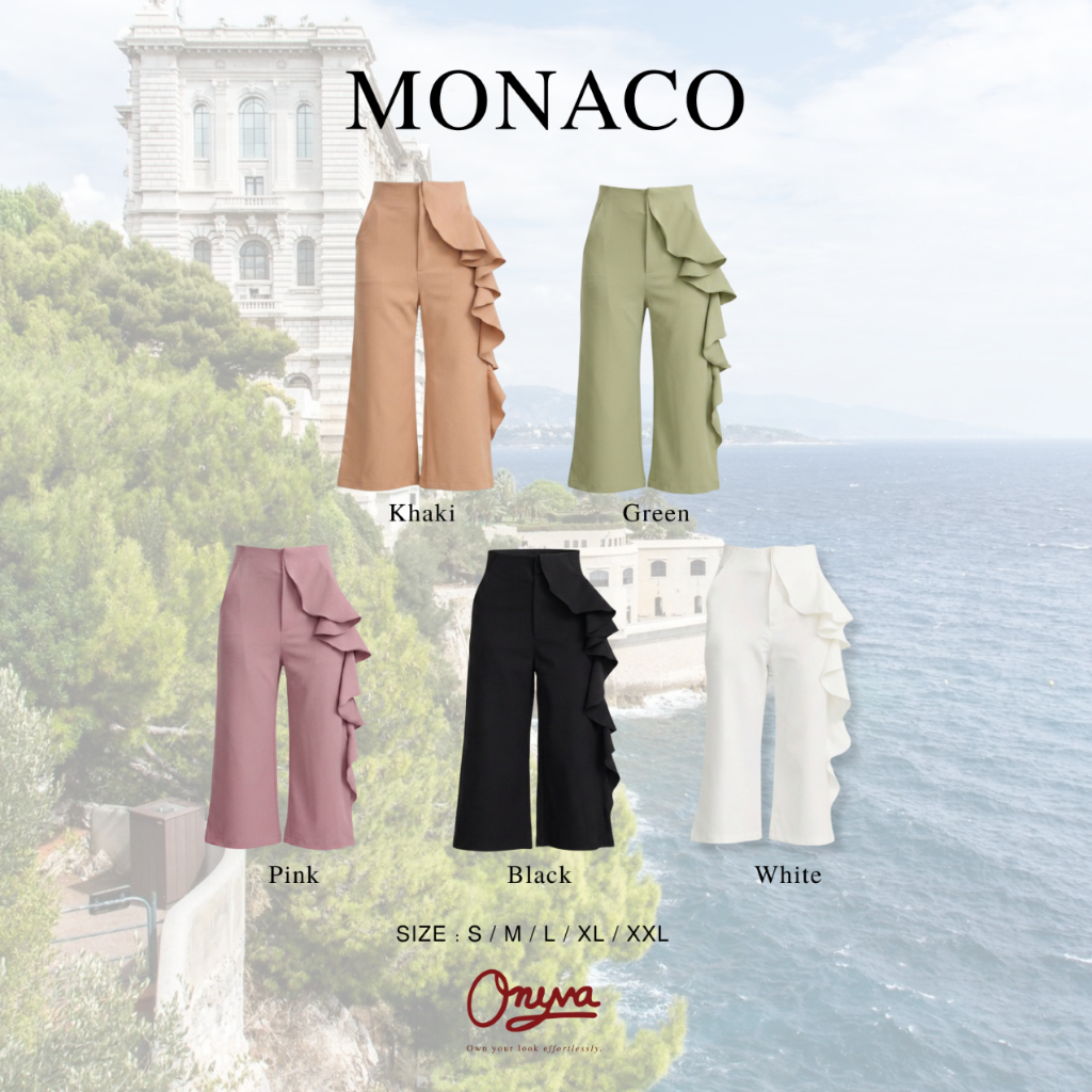 Onyva MONACO Pants -  กางเกงขายาวเอวสูงผู้หญิง ทรงขากระบอก ดีไซน์เกาหลีระบายด้านหน้า สาวอวบใส่ได้ S-XXL