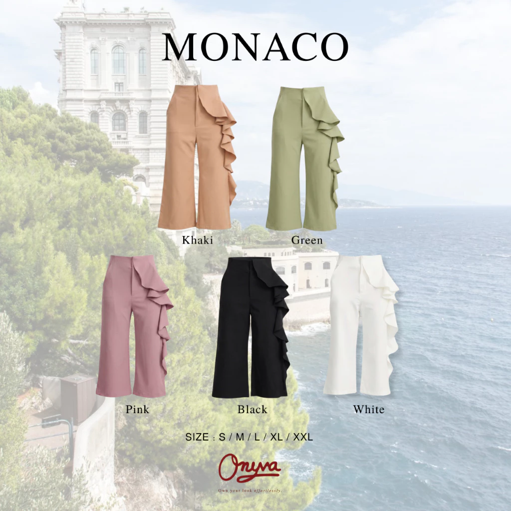 Onyva MONACO Pants - กางเกงขายาวเอวสูงผู้หญิง ทรงขากระบอก ดีไซน์เกาหลีระบายด้านหน้า สาวอวบใส่ได้ S-XXL