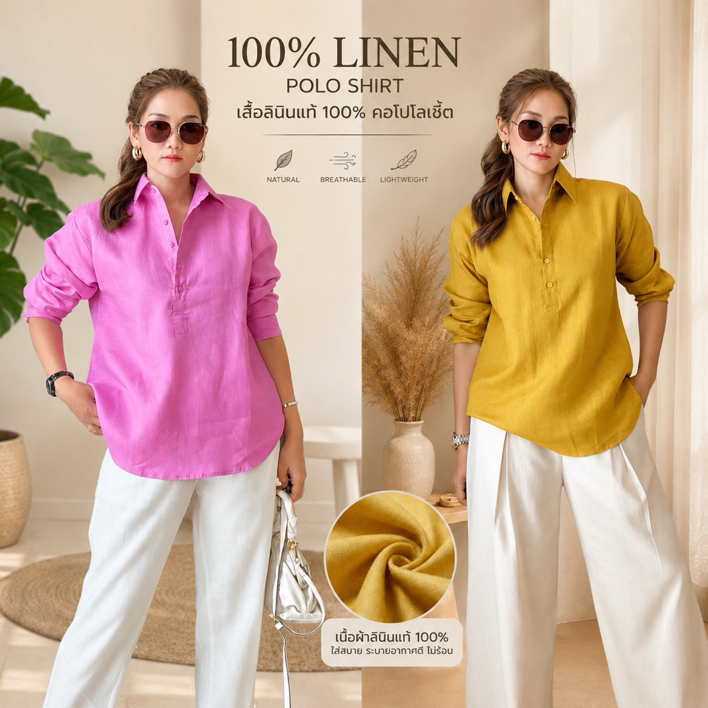 เสื้อลินินแท้100เกรดพรีเมียมคอเชิ๊ตโปโล