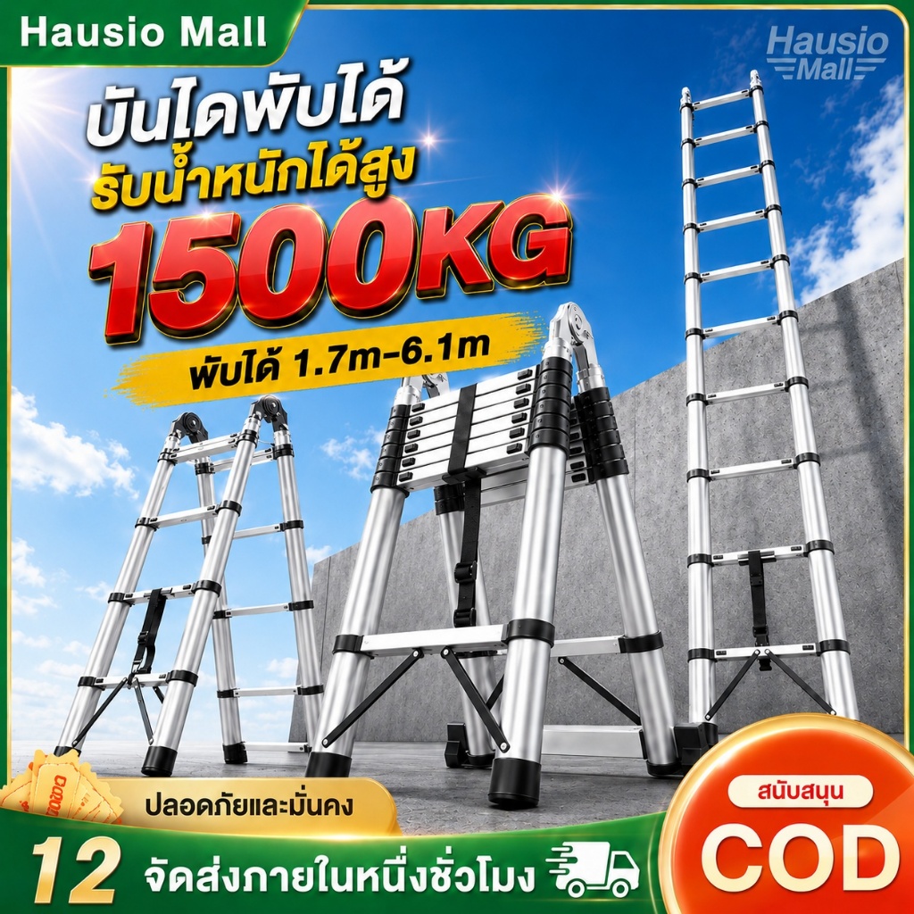 บันไดพับได้ บันไดไม้ไผ่ บันไดอลูมิเนียมยืดหดได้ รับน้ำหนัก 1000KG ยืดพับง่าย มั่นคง ใช้ในบ้าน ร้านค้า งานช่าง