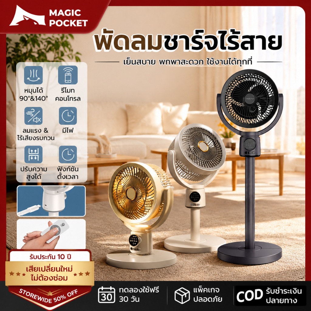 Magic Pocket พัดลมแคมป์ปิ้ง พกพา มีไฟ LED 10นิ้ว 10000mAh แบตลิเธียม ชาร์จมือถือ ใช้นาน 27.5ชม
