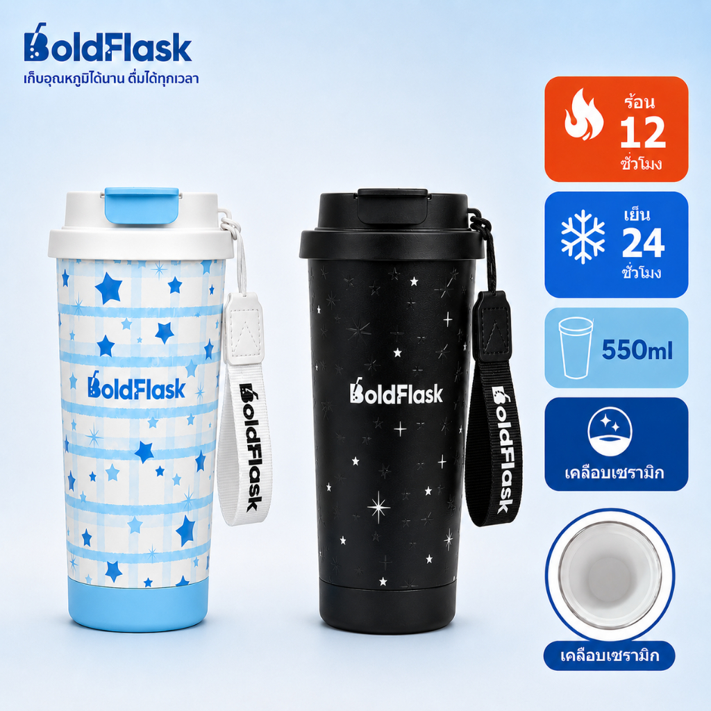 【BoldFlask】550ml ดาวสีดำ แก้ว สแตนเลส 316 เคลือบเซรามิก แก้วเก็บความเย็นพร้อมหลอดดูด ชุดดาว
