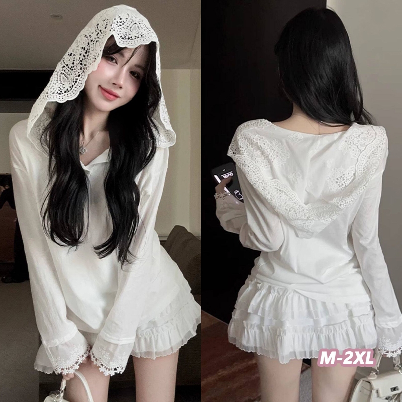 🌻🧸Grace🌻🧸【M-2XL】 เสื้อยืดมีฮู้ดแต่งขอบลูกไม้สำหรับผู้หญิง ทรงหลวมลำลอง ใส่ได้หลายโอกาส เนื้อผ้าบางเบา กันแดดได้ดี 99449