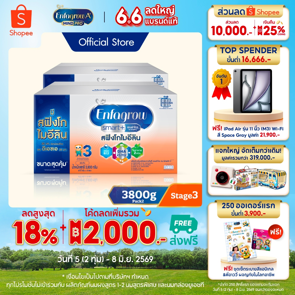 นมผง เอนฟาโกร สมาร์ทพลัส ดีเอชเอ สูตร3 ชนิดจืด (3800 กรัม) x2 กล่อง Enfagrow Smart+ Stage3 Plain (3800 g) x2 packs