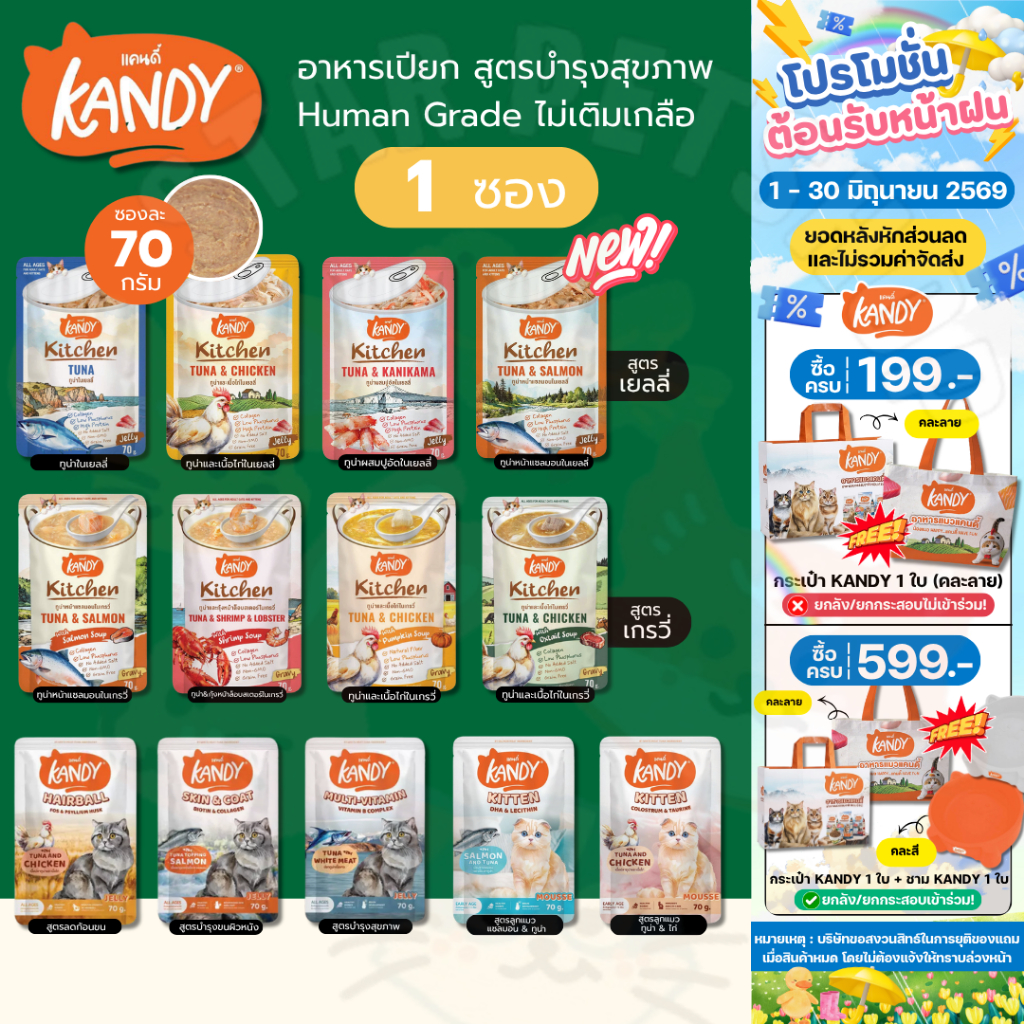 Kandy อาหารเปียก Holistic Grain Free ทูน่าเนื้อขาว ไม่เติมเกลือ สูตรดูแลสุขภาพ 70g {ซองเดี่ยว}
