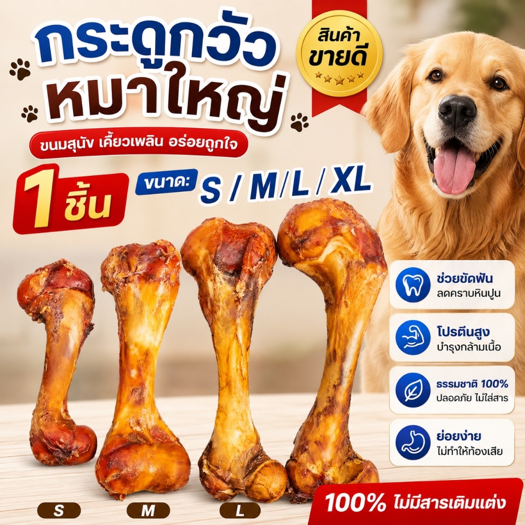 99PET กระดูกวัวแท้ 100% สำหรับสุนัข | ขัดฟัน เคี้ยวได้นาน | S/M/L/XL